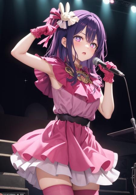 1girl,purple hair,sparkling eyes,rabbit hair ornament,sunset,hair ribbon, frilled dress,pink dress,pink gloves, holding microphone, idol,hair ribbon,belt,pink thighhighs,stage,idol
 <lora:Hoshino_Ai_V1.8:1>