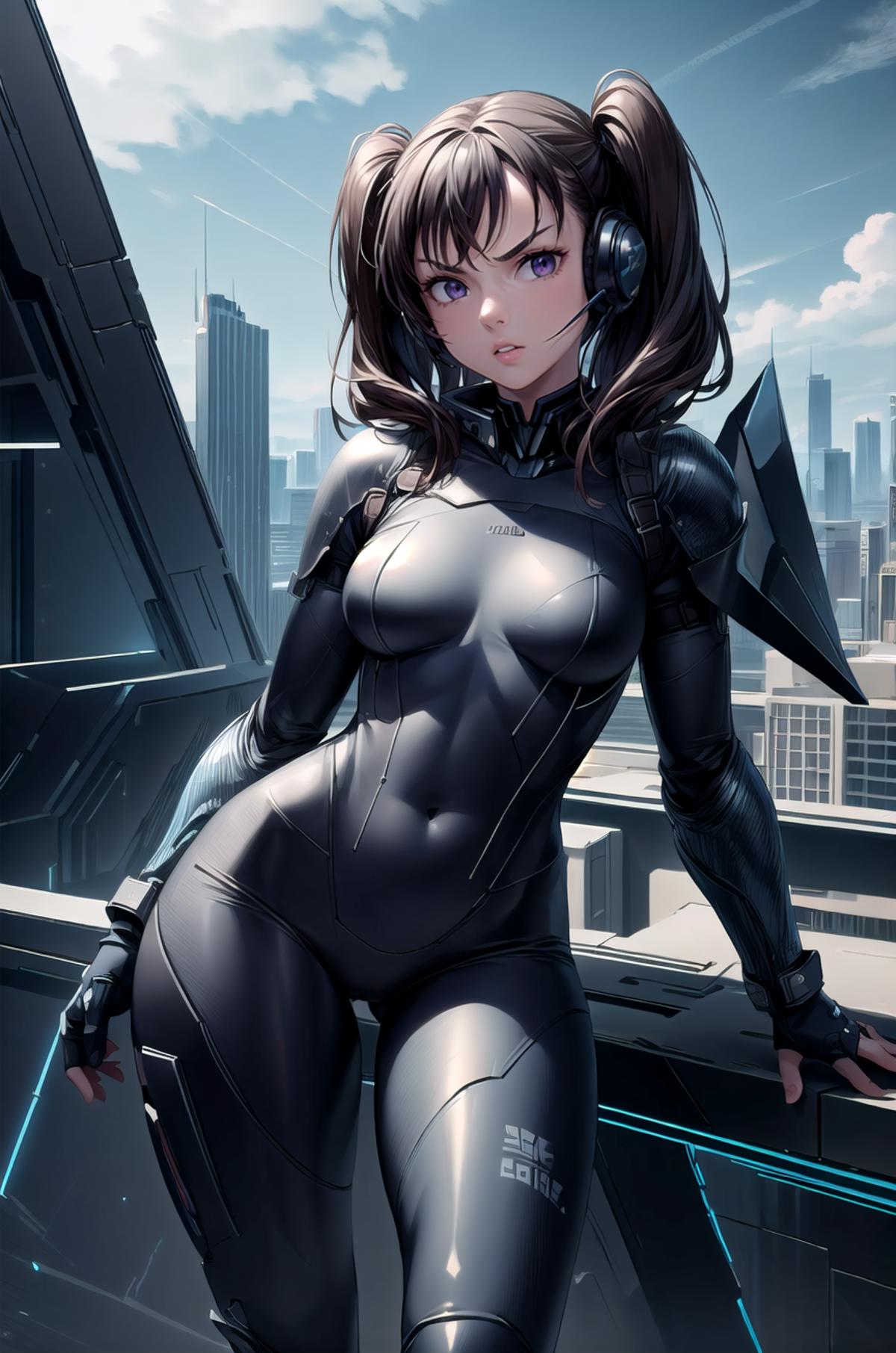 A woman in a futuristic outfit posing on a rooftop with a city skyline in the background.