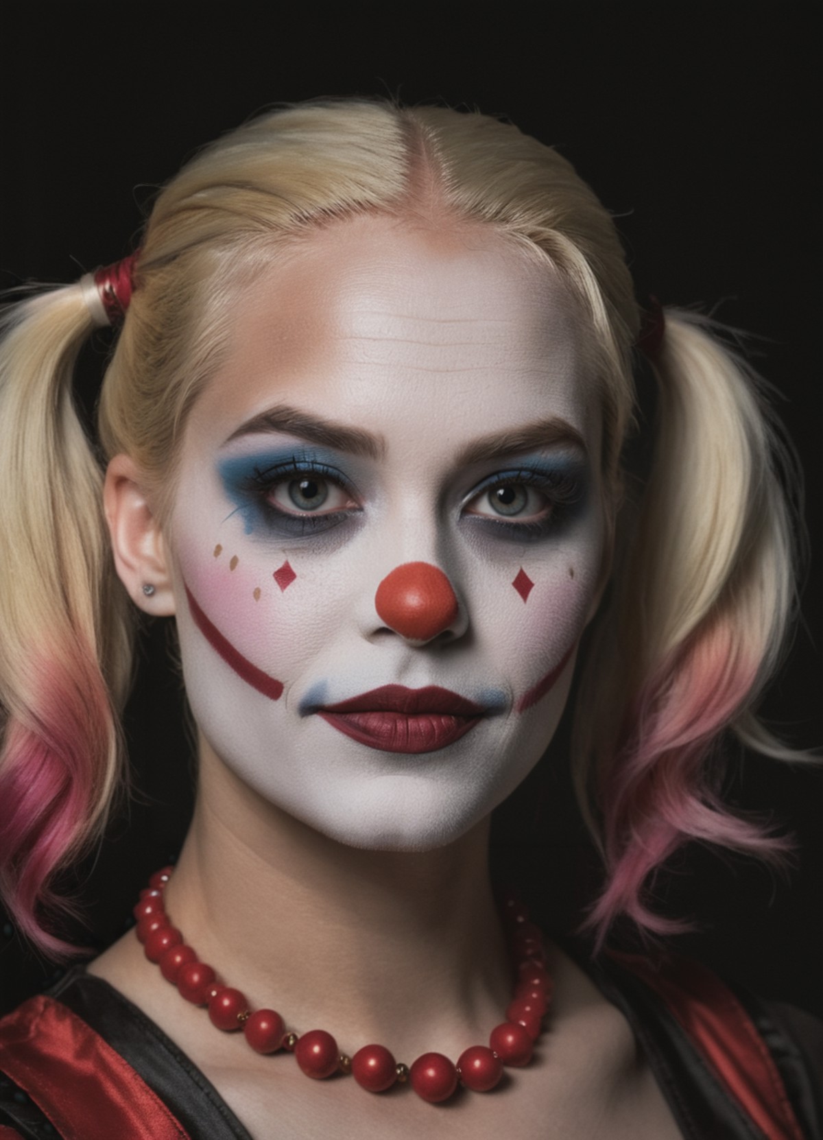 Close-up, (as Harley Quinn, clown makeup), grim smile, relaxed pose, portrait movie shot, serious, menacing, chiaroscuro s...