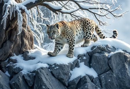 A realistic, majestic snow leopard climbing a rocky, snowy mountain, walking by a tree, branches have beautiful and intricate rime ice,A woman