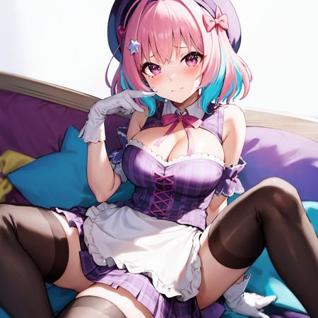 <lora:YumemiRiamuV4-000003:1>, YumemiRiamu,, 1girl, breasts, gloves, solo, pink hair, clothing cutout, star hair ornament, multicolored hair, ahoge, cleavage, ribbon, large breasts, looking at viewer, heart cutout, blush, two-tone hair, hat, braid, plaid dress, plaid, hair ornament, dress, cleavage cutout, bangs, thighhighs, star (symbol), white background, blue hair, hair intakes, bow, black headwear, simple background, sitting, pink eyes, purple dress, yellow ribbon, apron, frills, hair ribbon, short hair, striped thighhighs, detached collar, purple thighhighs, neck ribbon, pink ribbon, closed mouth, heart, purple ribbon, white gloves, beret, hair bow, striped, purple bow, shiny, bare shoulders, frilled dress, knee up, hand up, multicolored clothes, shiny hair