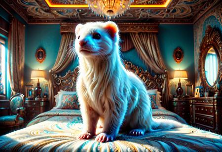 a white ferret made of w00kiee, standing on a luxurious bed in a high-end bedroom, intricate details, morning light, raw photo, cinematic, highly detailed, bright colors, aesthetic, fine detail, polished, complex, vibrant, symmetry, full color, perfect, ambient, unique, illuminated, epic, best, artistic, quality, dramatic, beautiful, stunning, flawless, extremely, very inspirational