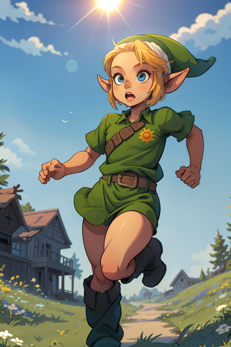 masterpiece, best quality, 1boy, younglink, blue eyes, hat, pointy ears, green tunic, belt, boots, running, day, sun, grass, meadow background <lora:YoungLink:1>  <lora:XaxaxaV2:1>