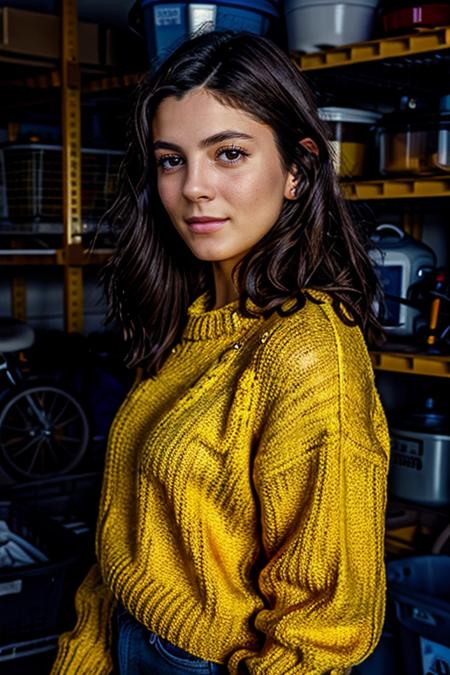 masterpiece, best quality, detailed face <lora:Monica1873Barbaro:1> a woman, 1girl, solo, m1873b,  wearing light goldenrod jumper in garage