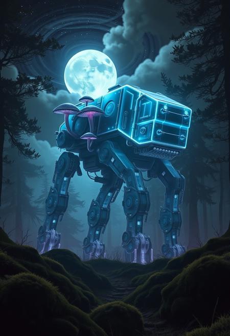 In the heart of an ancient, mystical forest, bathed in the eerie glow of a moon concealed behind thick, swirling clouds, strides a colossal translucent at-st Scout Walker. Its massive mechanical legs thunder across the moss-covered ground as it moves effortlessly through the landscape, its transparent body nearly vanishing in the vast expanse of stars above. The walkers form is translucent, barely visible against the endless cosmic canvas, with starlight piercing through its ethereal silhouette, casting a soft glow from within. The faintly shimmering Scout Walker takes on hues of deep blue and violet, refracting the distant starlight as it moves.
Soft, iridescent mushrooms, glowing faintly in deep purple and emerald hues, sprout from the back of the massive beast, casting brief flickers of light that dance across the shadows of the forest floor. Its eyes, luminous and full of ancient wisdom, gleam as they gaze out from the shifting form, reflecting the brilliance of distant galaxies.
The forest around it stretches endlessly, a labyrinth of twisted, ancient trees wrapped in dark, velvety moss, their branches reaching toward the sky like shadowed fingers. Hints of deep turquoise and dark purple swirl in the air, blending into the atmosphere, as though the entire realm is bathed in a palette of deep, enchanted twilight. The walkers silhouette moves gracefully through this dreamlike landscape, a serene giant in the midst of the cosmic night.