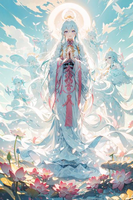 masterpiece, best quality,PIXIV,guanyin,Elaina,
Lotus throne,She is sitting on a lotus throne,own hands together,Behind her is a giant glowing Buddha ,Thousand-Hand Kwan-yinpurple eyes,
<lora:guanyin_20230801144229:0.4>