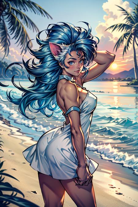 (masterpiece, best quality:1.3)
<lora:epi_noiseoffset2:1> <lora:add_detail:0.7>  <lora:DarkstalkersFelicia:0.8>
DarkstalkersFelicia, 1girl, solo, long hair, blue hair, cat ears, cat girl, at the beach, minidress, palm trees, sundown,