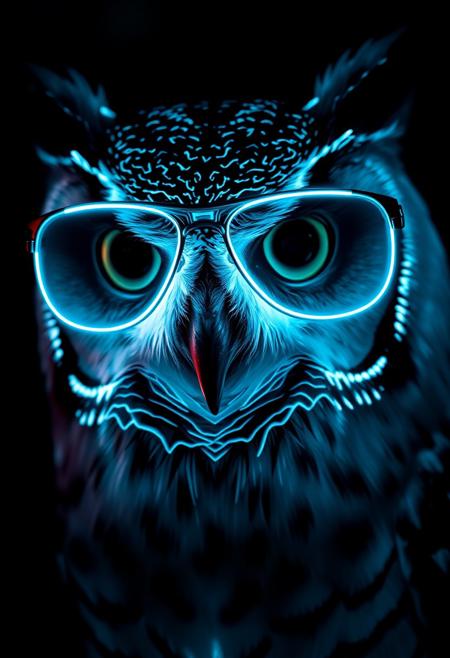 In a mesmerizing, hyper-realistic image, an owl's face is rendered in exquisite detail, with glow-in-the-dark face paint applied in a sleek, geometric pattern. The owl wears large, glowing aviator shades, their frames and lenses radiating a bright, electric blue light that complements the soft, ethereal glow of the face paint. The owl's eyes seem to gleam with a wise, knowing intensity, as if it's gazing into the very soul of the viewer. The glow-in-the-dark paint and shades are rendered in precise, photorealistic detail, with subtle texture and shading that creates a sense of depth and dimensionality. The surrounding darkness is pitch black, making the glowing paint and shades seem even more vibrant and hypnotic, as if the owl is radiating a mystical, otherworldly energy. Highest-Quality, 4k, intricate details, visually stunning, Masterpiece