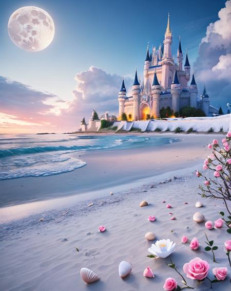 castle, flowers, delicate scene, sky,white clouds,and sunlight shine on the snow-white beach. flowers roses and shiny large shells, diamond crystal, on the beach, fantasy, sky night , moon, smoke , fire, photo, HD, 8K ,