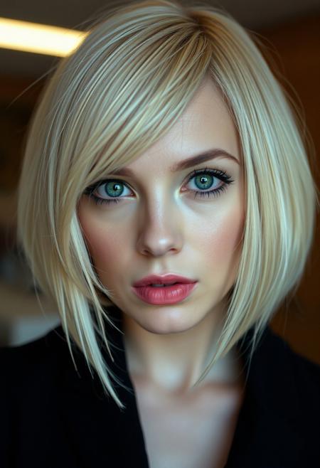 woman, blonde bobcut hair, parted half hair, green and blue eyes, eyeliner, deep drag,