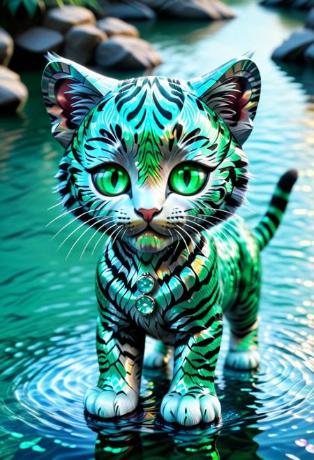 lazympos, closeup view, character focus, depth of field,
holographic kitten with big emerald eyes, tiger patterned skin,
river background