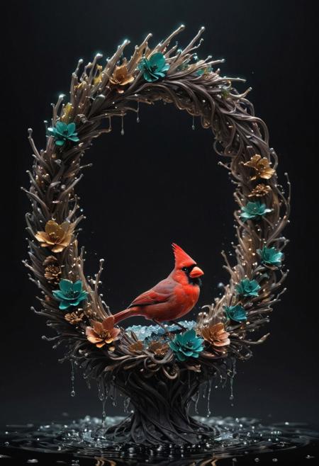 A cardinal bird, 
incredibly fluid, 
detailed, 
3D fractals, 
light particles, 
drops of water, 
shimmering light, 
dreamer, 
surrealist, 
alcohol ink, 
smooth, 
shimmering, 
dreamy glow, pine cone wreath background
conceptual art by Alberto Seveso, 
Anna Dittmann, 
Arthur Rackham, 
16k