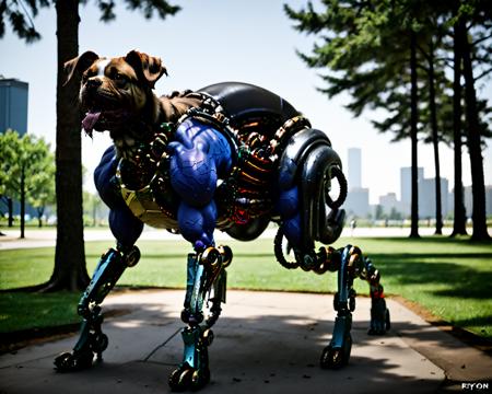 best quality,masterpiece,full body,a cybermutant dog in a park,dog,pit bull,biomechanical,cybernetic,fleshy machinery,raw photo,realistic,<lora:15FleshMonstrosityV2:0.65>