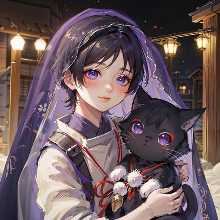 masterpiece, best quality, extremely detailed, 3d face, realistic, lustrous skin, (1boy, solo), <lora:Kunikuzushi:0.7>, scaramouche, veil, japanese clothes, purple hair,
holding a cat, black cat,  <lora:Scaracat:0.7>, pom pom,  blush, smile, upper body,  purple shirt, outdoors