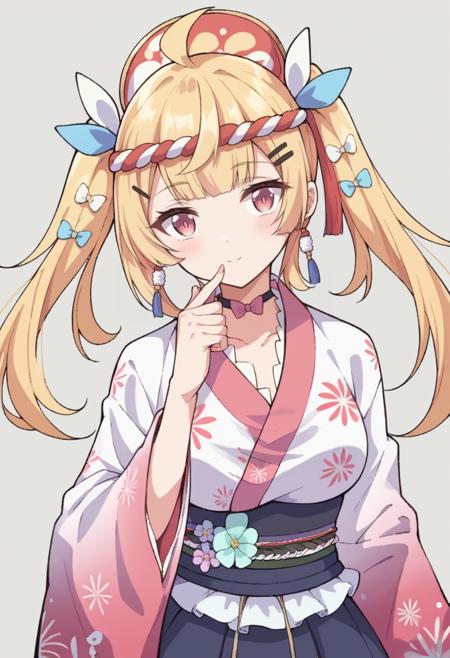 hikari large breasts, blonde hair, long hair, twintails, pink eyes  kimono, hair ornament, headband, skirt, kimono, sash, obi, sandals, choker, wide sleeves, pleated skirt, long sleeves, hairclip, floral print, ribbon, hair bow, bow, earrings