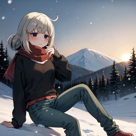 Araga Kiwi, 1girl, double bun, masterpiece, best quality, black sweater, denim pants, red scarf, snow, snowy, outdoors, forest, sunset, <lora:KiwiRelease-10:1>