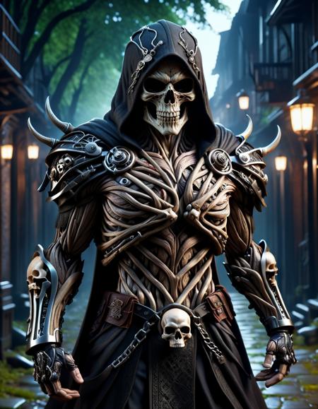 (masterpiece:1.2), best quality, high resolution, perfect lighting, extremely detailed, (Terminator assasin), battle scared white and black carbon armor, Wearing a dark cloak with hood, skull face just visable under hood, full_armor, humanoid, Metal Human skull head, (extreme detailed micro mechcanical scary Metal human skull design). Samurai sword shinning silver, Runes decorative embossments over his cloak, slim muscular body fast agile and stealthy, background a dark back street with subtle lighting and shadows, facing viewer, solo, made of ral-mythfrst <lora:ral-mytfrst:1>