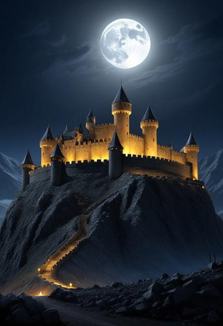 lazympos, fortress made of forged carbon,night, landscape, full moon