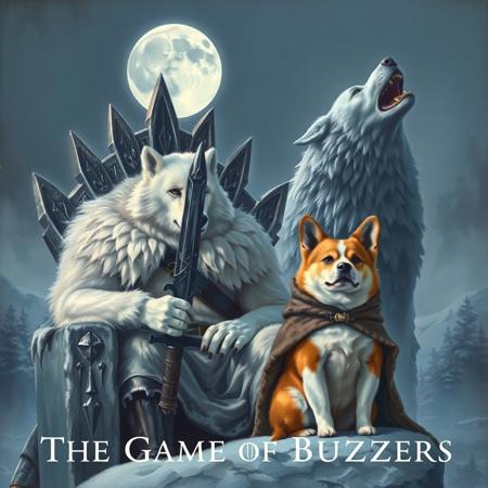 A regal white wolf (as Jon Snow) sits on a frosty throne, gripping a chew-toy sword. Beside him, a tiny but fierce corgi (Tyrion Lannister) wears a tiny fur cloak and a smug expression. In the background, a massive Saint Bernard (Ghost) howls at the icy moon. The headline is “The Game of Buzzers.”
Style: Epic fantasy oil painting, cold and misty atmosphere, intricate armor details.