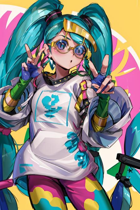 (masterpiece, best quality, highres, ultra detailed:1.2), (solo, 1girl, cowboy shot), nomarumiku, blue hair, twintails, (tinted eyewear:1.3), shirt, fingerless gloves, jewelry, print shirt, black eyes, pants, rings, hoop earrings, BREAK, (dynamic pose, peace signs), BREAK, (meadow, blue skies, detailed background:1.1)