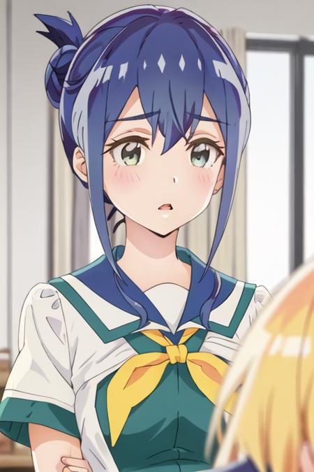 best quality, masterpiece, highres, solo, {mamiya_kanoko_watashinoyuriwaoshigotodesu:1.15}, blue_hair, green_eyes, blush, bangs, closed_mouth, short_hair, purple_hair, 2girls, green_shirt, hair_bun, indoors, multiple_girls, sailor_collar, school_uniform, shirt, sidelocks, single_hair_bun, solo_focus, blonde_hair, blurry_background, open_mouth, parted_lips, white_sailor_collar, blurry, looking_at_viewer, neckerchief