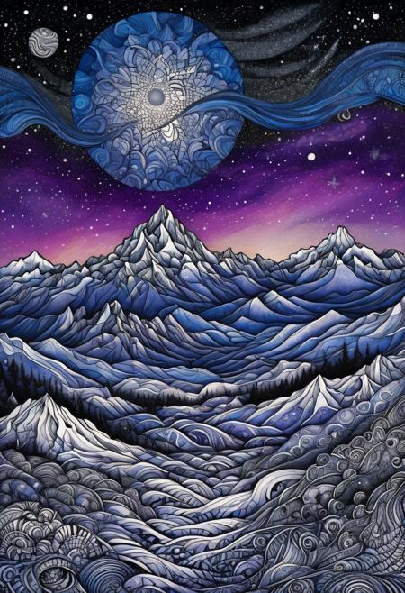 A dystopic mountain landscape made of wave functions zentangle with the sky fused to space with the milkyway and planets, highly detailed, highest quality, 64 megapixels, intricate design, blue violet and black, heavy loaded paintbrush