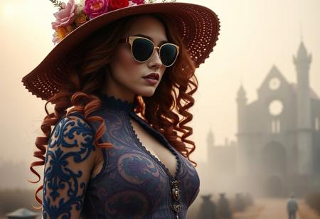 masterpiece, raw photo, high quality, 8k, ultra sharp, absurdres, intricate details, cinematic scene, steampunk style, on the right side a woman with a flower-adorned wide-brimmed hat, wearing stylish sunglasses, Autumn Maple and Duke Blue lace corset with ornate embroidery, long curly Radiant Orchid hair cascading gracefully, large breasts accentuated by the elegant corset design, a mystical castle ruin shimmering in the background through soft ground mist, rich autumnal tones blending with the cool misty hues, soft diffused lighting emphasizing texture and depth, photorealistic award-winning composition, ultra-detailed patterns and textures, dynamic and balanced layout, atmospheric elegance, best quality