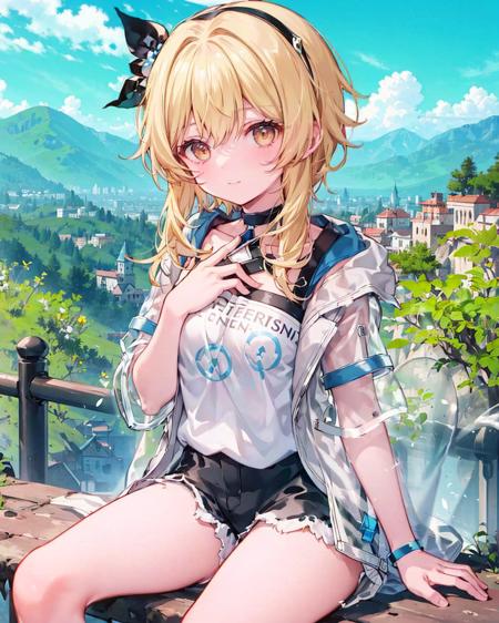 1girl,solo,, luminezjj,shirt,jacket, see-through,sitting,  <lora:[luminezjj,shirt,jacket]:1>,outdoors,mountainous horizon, short sleeves, shorts,hand on own chest,