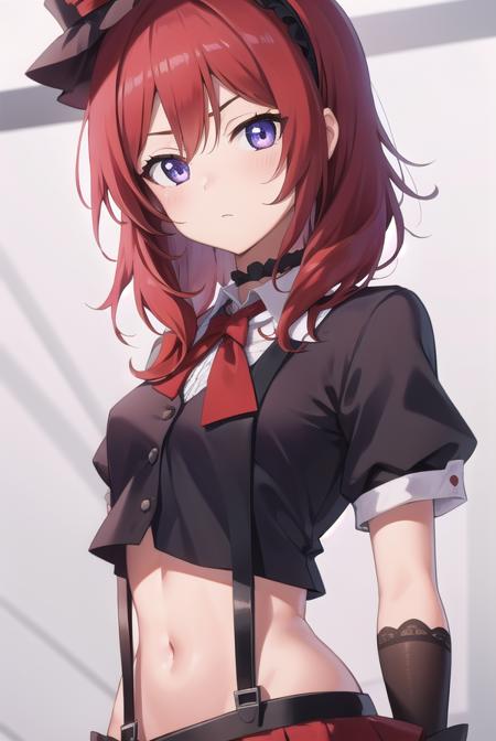 makinishikino, <lora:makinishikinotest:1>, maki nishikino, (purple eyes:1.1), red hair, short hair,
BREAK black headwear, black thighhighs, bokura wa ima no naka de, bow, bowtie, choker, fingerless gloves, frilled thighhighs, frills, gloves, half-skirt, hat, headband, mini hat, navel, red bow, red gloves, red hair, shirt, short sleeves, skirt, suspender skirt, suspenders, thighhighs, white shirt,
BREAK looking at viewer,
BREAK classroom,
BREAK <lora:GoodHands-vanilla:1>, (masterpiece:1.2), best quality, high resolution, unity 8k wallpaper, (illustration:0.8), (beautiful detailed eyes:1.6), extremely detailed face, perfect lighting, extremely detailed CG, (perfect hands, perfect anatomy),