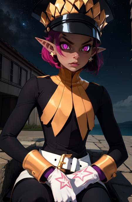 Psychic, short lavender hair , pink eyes,pointy ears ,  flat chest, 
upper body, sitting,  purple lightining, 
white gloves, earrings, white belt , black uniform with long sleeves ,   shako cap,
stars, military base, night, outdoors, 
(insanely detailed, beautiful detailed face,beautiful detailed eyes, masterpiece, best quality) 
 <lora:Psychic-10v6:0.8>