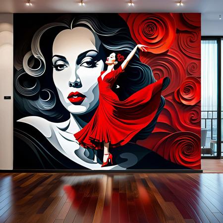 A surreal, artistic scene where a flamenco dancer in a vibrant red dress is performing in front of a large mural of a woman's face. The woman's face, painted on an old, textured wall, is monochromatic, while the dancer's red dress blends seamlessly with the mural, appearing as if the dress and mural are one. The dancer's dress flows and swirls dramatically, creating a sense of motion that complements the static but powerful expression of the mural. The wooden floor and the weathered wall add a rustic, artistic atmosphere to the scene, creating a blend of reality and art.