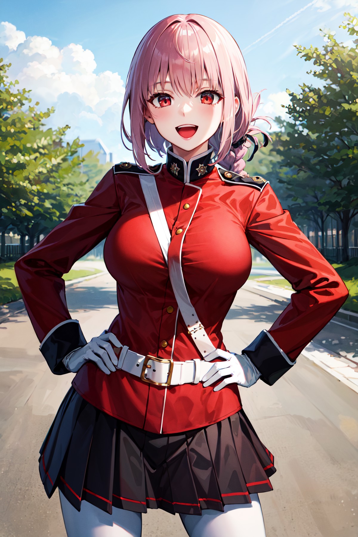 masterpiece, best quality, highres, aafng, braid, large breasts, military uniform, red jacket, strap between breasts, whit...