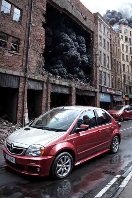 Weird Cars Concept,  a bubble style small red and white car is on display,  in the middle of an exploding building, <lora:EMS-58767-EMS:0.500000>