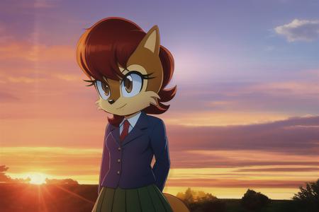 Sally Acorn, 1girl, solo, tree, sky, outdoors, skirt, cloud, brown, hair, sunset, lens, flare, scenery, school, uniform, sun, wind, long, sleeves, animal nose