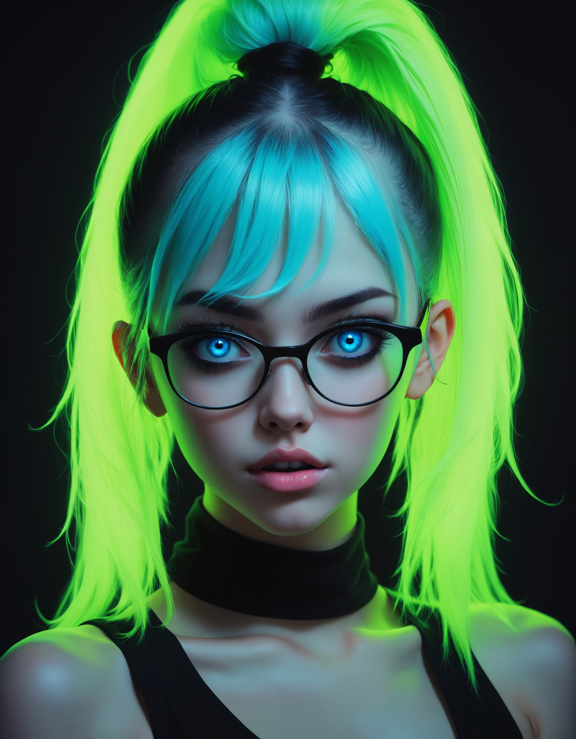 zavy-hrglw, A hauntingly beautiful glamour photo of a young woman with piercing blue eyes with glasses, 22 years old, neon...