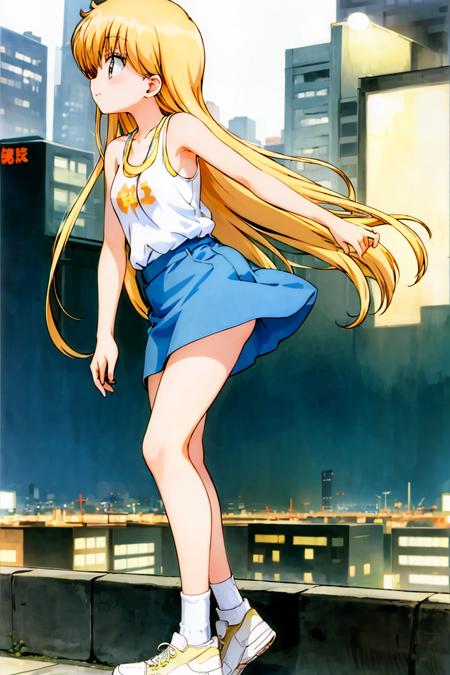 <lora:kozuki_miyu_v2:1>, kozuki miyu, (masterpiece:1.2), (high quality:0.8), 1girl, solo, city, night, night-cityscape behind, outdoors, standing, tank top, nosleeve, sleeveless, skirt, denim skirt, socks, sneakers