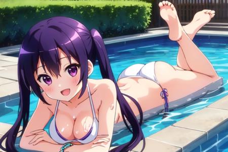 ((((ultra illustrated style:1.0)))),best quality,best animated,masterpiece,ray tracing, global illumination,1girl, breasts, swimsuit, solo, looking at viewer, barefoot, smile, on stomach, pool, wet, lying, water, the pose, bikini, open mouth, feet, ass, feet up, white bikini, soles, outdoors, purple eyes, bare shoulders, bracelet, jewelry, short hair, cleavage, twintails, blush, long hair, partially submerged, :d, toes, thighs, tree, <lora:Tedeza Rize:0.7>