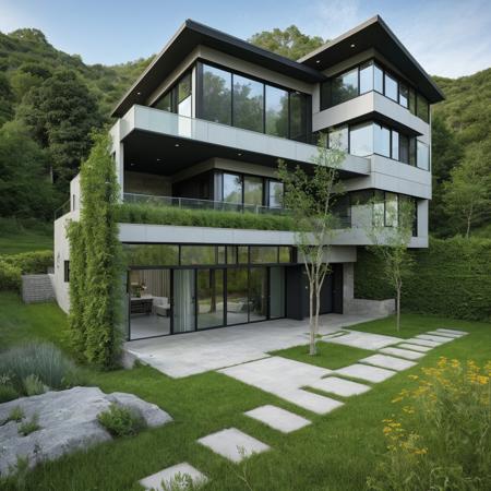 a single house on a hill, the house is entirely made of an element from the Periodic Table, high detail, hdr, elemental garden, complex house design