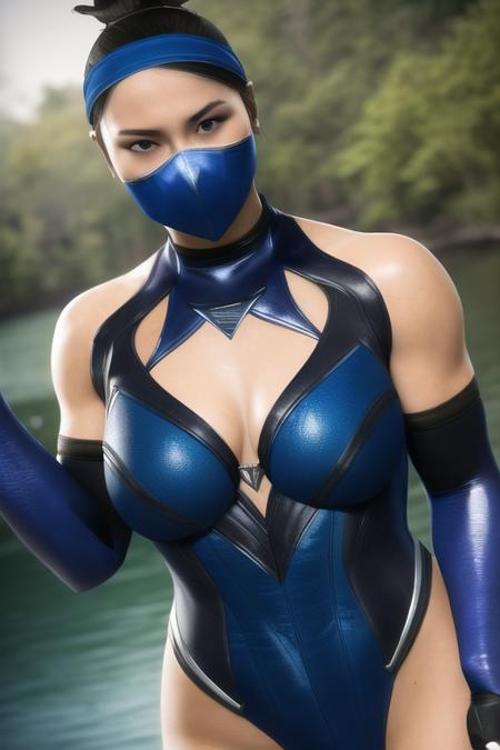 masterpiece, best quality, kitana, black hair, brown eyes, hair bun, elbow gloves, fingerless gloves, blue gloves, half mask, blue mask, blue headband, blue bodysuit, blue pants, solo, photorealistic lights, cinematic lighting, ultra detail texture, ultra detail hair, hyperrealistic paiting, fantastic realism, outdoors, lake, <lora:Kitana:0.7>