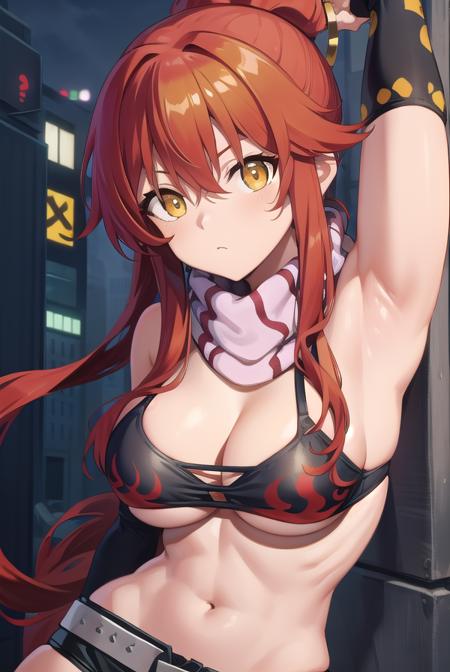 yokolittner, <lora:yokolittnertest:1>,
yoko littner, hair between eyes, hair ornament, ponytail, high ponytail, (large breasts:1.2), long hair, red hair, sidelocks, skull hair ornament, (yellow eyes:1.5),
BREAK arm support, bare shoulders, belt, bikini, bikini top only, black gloves, black shorts, cleavage, fingerless gloves, flame print, gloves, navel, no shirt, pink thighhighs, scarf, short shorts, shorts, striped, striped scarf, studded belt, swimsuit, thighhighs, underboob, white footwear, wrist cuffs,
BREAK looking at viewer,
BREAK outdoors, city,
BREAK <lora:GoodHands-vanilla:1>, (masterpiece:1.2), best quality, high resolution, unity 8k wallpaper, (illustration:0.8), (beautiful detailed eyes:1.6), extremely detailed face, perfect lighting, extremely detailed CG, (perfect hands, perfect anatomy),