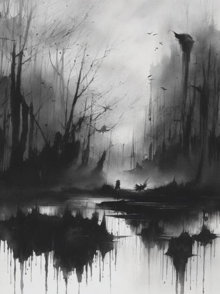 <lyco:StephenGammell:1.0> Style of stephen gammell, watercolors, black and white, swamp, shadowy creatures, dripping, infected