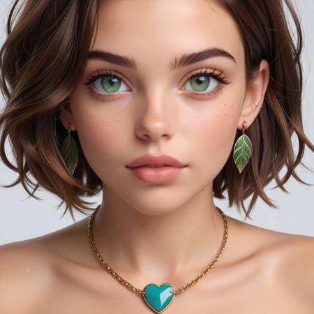Ultra-realistic passport photo of \( Miranda Morris \): solo, 1girl, adult, front-facing portrait, neutral expression, solid white background, even studio lighting, ID photo format, face perfectly centered, head-and-shoulders framing, lifelike skin texture, heart-shaped face, high cheekbones, soft pointed chin, warm-toned light skin, natural flush, short bob haircut, (tousled hair:1.3), ash brown hair, soft waves, subtle volume, slightly upturned eyes, (piercing green eyes:1.3), playful or pensive gaze, medium-thick eyebrows, arched shape, eyebrows match hair color, straight nose, rounded tip, full lips, slightly pouty lower lip, expressive lip shape, soft freckles on cheeks and nose, occasional beauty mark, minimal makeup, soft blush, nude or soft red lipstick, occasional eyeliner, pendant necklaces, dangling earrings, turquoise or leaf motifs, natural color balance, sharp focus, hyper-detailed features, realistic hair and facial details, studio photography, 85mm lens, f/2.8 aperture.
