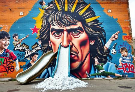 “A surreal and detailed mural of Diego Armando Maradona painted on a large urban brick wall, featuring multiple iconic moments of his career in a collage style. Maradona’s central figure is depicted with expressive eyes, his legendary long hair, and a radiant golden aura around his head symbolizing his legacy. From the nostrils of one prominent portrait, a 3D child slide emerges, winding down dramatically and covered in white powder, symbolically gathering in a pile on the floor. Around him, smaller depictions of his ‘Hand of God’ goal, his joyful celebrations, and a young Maradona playing in the streets of Buenos Aires are painted. The setting includes vivid graffiti tags and urban decay, creating a powerful mix of nostalgia and raw urban energy, with vibrant colors and symbolic contrasts highlighting his complex story.”