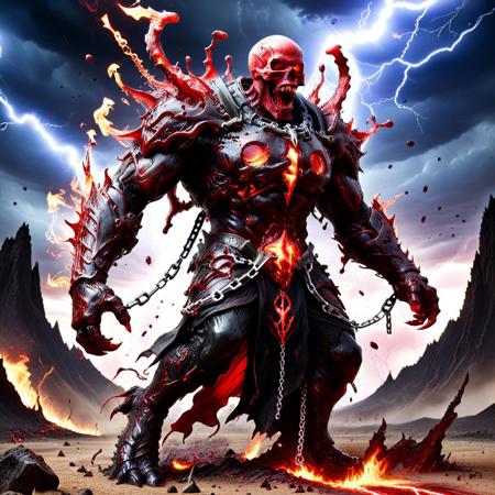 a bloodforged golem towering over scorched earth, armor plated with screaming skulls, veins glowing red beneath cracked obsidian, dragging a chain made of fused spines, surrounded by lightning-charged dust, flaming rubble, and crushed banners, blood