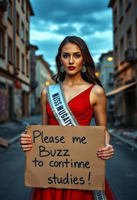 A strikingly beautiful woman, embodying elegance and charm, styled as Miss Hungary in a glamorous red evening gown with a sparkling silver sash that reads “Miss Hungary.” She is standing on a dilapidated urban street at dusk, holding a worn and slightly rotten cardboard sign with bold handwritten text: “Please give me Buzz to continue studies!” Her expression is a mix of hope and determination, her makeup impeccable but subtle, with a soft blush and bold red lips. The background is a mix of faded buildings and graffiti, adding contrast to her radiant appearance, evoking a sense of resilience amidst adversity. The lighting is soft and cinematic, casting a gentle glow on her figure.