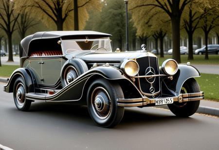 RetroBG, an art deco, lazypos, retrofuturistic 1920th style Mercedes-Benz W25, reflective surfaces, on the park road