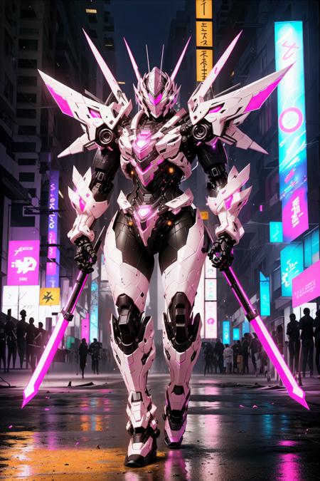 <lora:LoHa_SuperMekV1:0.7>
masterpiece, highly detailed photorealistic 8k raw photo, best cinematic quality, volumetric lighting and shadows, robotic shiny and reflective Silvery Pink sprmk, Futuristic Cityscape background, giant weapons on both hands