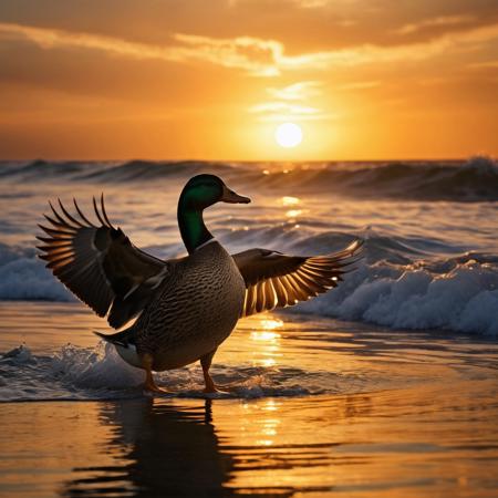 A duck engaging in prayer silhouetted against a tumultuous ocean at sunrise, feathers detailed to shimmer with the golden ratio in a UHD, photo-realistic, artistic masterpiece, highlighting the natural tranquility in chaos, golden hour lighting, ultra fine, dramatic