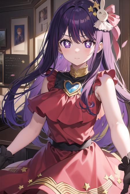 aihoshino, <lora:aihoshino-lora-nochekaiser:1>,
ai hoshino, hair between eyes, hair ornament, hair ribbon, long hair, one side up, (purple eyes:1.1), purple hair, rabbit hair ornament, (star-shaped pupils:1.5), symbol-shaped pupils,
BREAK belt, black belt, brooch, dress, pink dress, frilled dress, frilled gloves, frills, gloves, heart brooch, idol, idol clothes, jewelry, pink gloves, red ribbon, ribbon, turtleneck dress,
BREAK looking at viewer,
BREAK indoors,
BREAK <lyco:GoodHands-beta2:1>, (masterpiece:1.2), best quality, high resolution, unity 8k wallpaper, (illustration:0.8), (beautiful detailed eyes:1.6), extremely detailed face, perfect lighting, extremely detailed CG, (perfect hands, perfect anatomy),