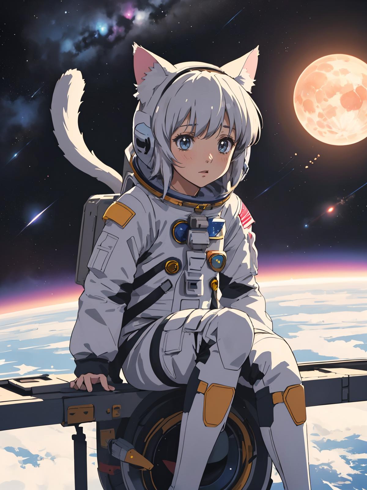 A cartoon character in a white spacesuit is sitting on a spaceship, looking at the moon.